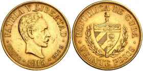 Cuba. 1915. 20 pesos. (Fr. 1) (Kr. 21). Rayitas. Bonito color. AU. 33,38 g. EBC-/MBC+.
