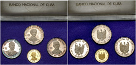 Cuba. 1977. (Kr. 38 a 40 y 43). Estuche del Banco Nacional de Cuba con 4 monedas: 20 pesos Maceo, Agramonte y Gómez (AG) y 100 pesos Céspedes (AU, 11,...