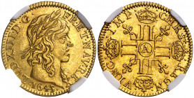 Francia. 1643. Luis XIII. A (París). 1/2 luis de oro. (Fr. 411) (Kr. 125). En cápsula de la NGC como MS62, nº 4494506-004. Bella. Rara. AU. EBC.