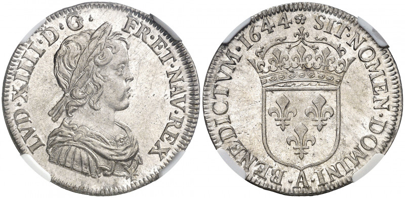 Francia. 1644. Luis XIV. A (París). 1/4 ecu. (Kr. 161.1). En cápsula de la NGC c...