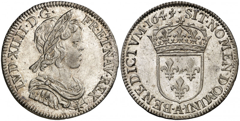 Francia. 1645/4. Luis XIV. A (París). 1/4 ecu. (Kr. 161.1 var). Bella. Brillo or...