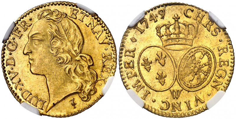 Francia. 1749. Luis XV. W (Lille). 1 luis de oro. (Fr. 464) (Kr. 513.22). En cáp...