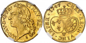 Francia. 1749. Luis XV. W (Lille). 1 luis de oro. (Fr. 464) (Kr. 513.22). En cápsula de la NGC como MS64, nº 4716224-004. Muy bella. Brillo original. ...