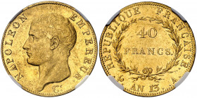 Francia. An 13 (1804-1805). Napoleón. A (París). 40 francos. (Fr. 481) (Kr. 664.1). En cápsula de la NGC como MS61, nº 3931131-008. Leves rayitas. Atr...