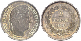 Francia. 1847. Luis Felipe I A (París). 2 francos. (Kr. 743.1). En cápsula de la NGC como MS63, nº 4438968-003. Bella. Preciosa pátina. Rara así. AG. ...