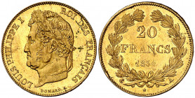 Francia. 1834. Luis Felipe I. A (París). 20 francos. (Fr. 560) (Kr. 750.1). Brillo original. Golpecito. Bella. Rara así. AU. 6,41 g. EBC+.