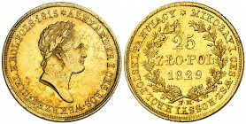 Polonia. 1829. Nicolás I. FH. 25 zlotych. (Fr. 110) (Kr. 118). Bella. Precioso color. Muy rara y más así. AU. 4,88 g. EBC/EBC+.