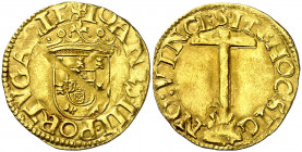 Portugal. Juan III (1521-1557). 1 cruzado calvario. (Fr. 29) (Gomes 179.05). Bella. Muy escasa. AU. 3,52 g. EBC+.