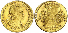 Portugal. 1807. Juan, Príncipe Regente. 1/2 escudo. (Fr. 126) (Kr. 337) (Gomes 28.03). Bella. Precioso color. Rara. AU. 1,70 g. S/C-.