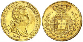 Portugal. 1818. Juan VI. Lisboa. 1/2 escudo. (Fr. 131) (Kr. 361) (Gomes 15.01). Acuñación de 270 ejemplares. Bella. Parte de brillo original. Rara y m...