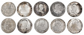 1780 a 1818. 2 reales. 10 monedas, todas de la ceca de Lima, menos una de 1812 de Santiago. A examinar. BC/MBC.