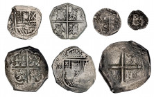 1/2, 1, 4 (dos) y 8 (tres) reales. Lote de 7 monedas macuquinas. A examinar. BC/BC+.