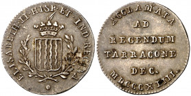 1833. Isabel II. Tarragona. Proclamación. (Cru.Medalles 267) (Ha. 33) (Boada 69). Plata. 2,06 g. Ø21 mm. MBC/MBC+.