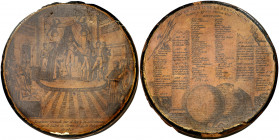 s/d (1820). Caja de madera con diámetro de 86 mm. En anverso representación del juramento de Fernando VII a la Constitución de Cádiz de 1812 en el Sal...