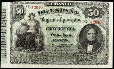 1884. 50 pesetas. (Ed. B67) (Ed. 283). 1 de enero, Mendizábal. Doblez central, pero extraordinario ejemplar. Raro. EBC-.