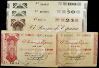 1936. Bilbao. 5 (sin serie y serie A), 25, 50 y 100 pesetas. (Ed. C19d, C19Ab, C20i, C21e y C22c) (Ed. 368f, 368Ab, 369k, 370g y 371c). 5 billetes, se...