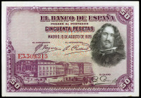1928. 50 pesetas. (Ed. D8) (Ed. 407). 15 de agosto, Velázquez. Serie E. Sello en seco: ESTADO ESPAÑOL - BURGOS. Escaso así. EBC-.