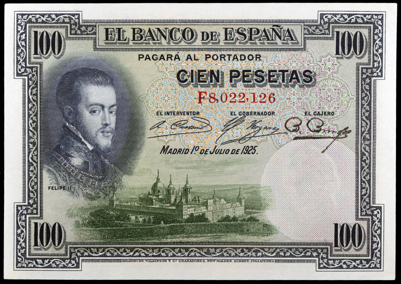 1925. 100 pesetas. (Ed. D11) (Ed. 410). 1 de julio, Felipe II. Serie F. Sello en...