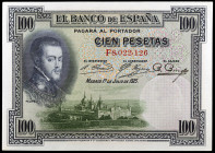 1925. 100 pesetas. (Ed. D11) (Ed. 410). 1 de julio, Felipe II. Serie F. Sello en seco: ESTADO ESPAÑOL - BURGOS. Escaso así. EBC.