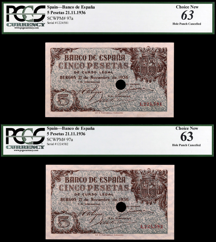 1936. Burgos. 5 pesetas. (Ed. D18na var) (Ed. 417T). 21 de noviembre. Pareja cor...