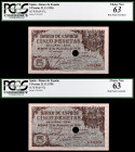 1936. Burgos. 5 pesetas. (Ed. D18na var) (Ed. 417T). 21 de noviembre. Pareja correlativa, con taladro central, numeración y sin serie. Certificados po...