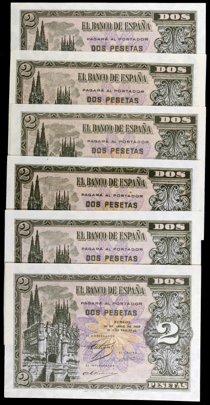 1938. Burgos. 2 pesetas. (Ed. D30a) (Ed. 429a). 30 de abril. 6 billetes, serie C...