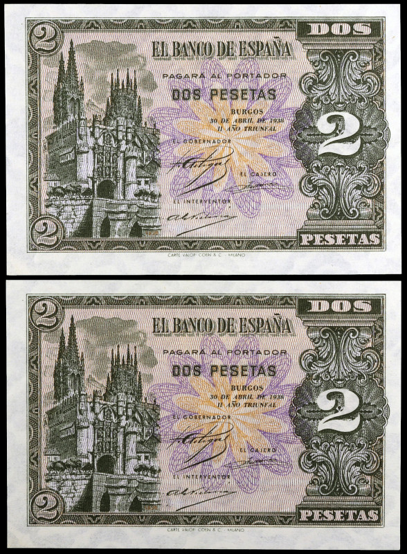 1938. Burgos. 2 pesetas. (Ed. D30a) (Ed. 429a). 30 de abril. Pareja correlativa,...