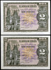 1938. Burgos. 2 pesetas. (Ed. D30a) (Ed. 429a). 30 de abril. Pareja correlativa, serie H. Esquinas rozadas. S/C-.