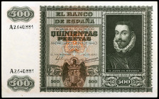1940. 500 pesetas. (Ed. D40) (Ed. 439). 9 de enero. D. Juan de Austria. Mínimo doblez. Extraordinario ejemplar. Raro así. EBC+.
