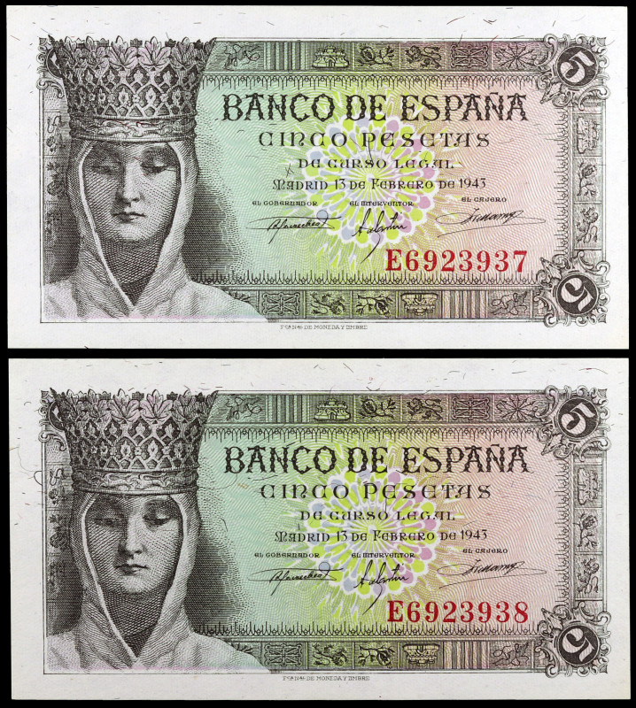 1943. 5 pesetas. (Ed. D47a) (Ed. 446a). 13 de febrero, Isabel la Católica. Parej...