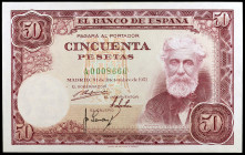 1951. 50 pesetas. (Ed. D63a) (Ed. 462a). 31 de diciembre, Rusiñol. Serie A. Nº 0008660. Leve doblez. EBC+.