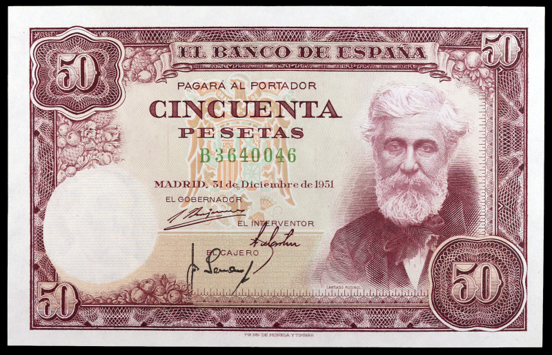 1951. 50 pesetas. (Ed. D63a) (Ed. 462a). 31 de diciembre, Rusiñol. Serie B. S/C....