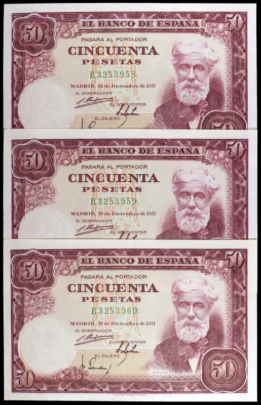 1951. 50 pesetas. (Ed. D63a) (Ed. 462a). 31 de diciembre, Rusiñol. Trío correlat...