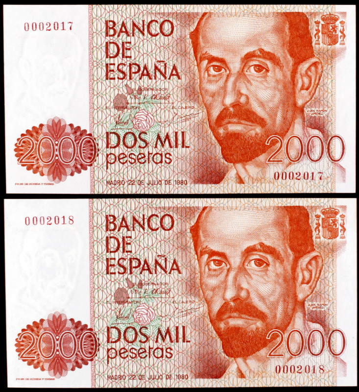 1980. 2000 pesetas. (Ed. E5). 22 de julio, Juan Ramón Jiménez. Pareja correlativ...