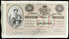 1896. El Banco Español de la Isla de Cuba. 50 pesos. (Ed. CU71). Habana, 15 de mayo. Fechado con estampilla. Puntitos de aguja. Escaso. MBC+.