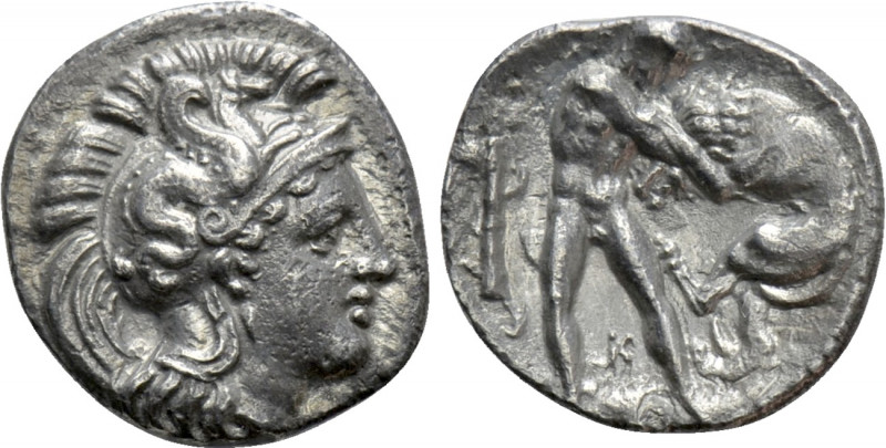 CALABRIA. Tarentum. Diobol (Circa 285-280 BC).

Obv: Helmeted head of Athena r...