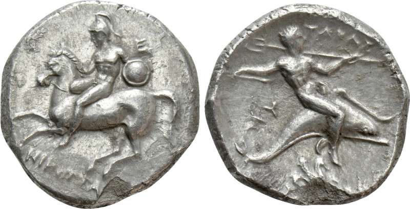 CALABRIA. Tarentum. Nomos (Circa 280 BC). 

Obv: Warrior, holding shield and r...