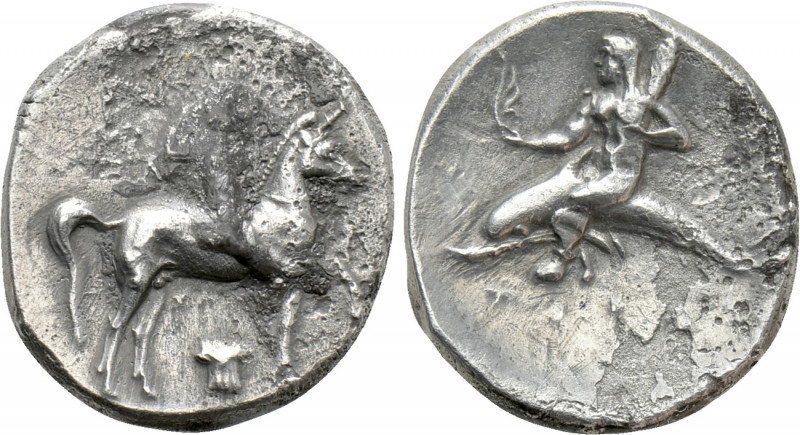 CALABRIA. Tarentum. Nomos (Circa 280-272 BC). 

Obv: Crowning youth on horse s...