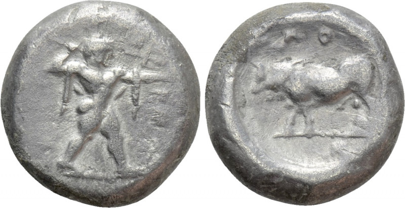 LUCANIA. Poseidonia. Nomos (Circa 470-445 BC). 

Obv: ΠΟΣΕ. 
Poseidon advanci...