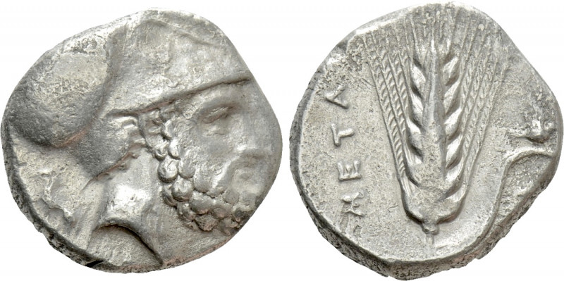 LUCANIA. Metapontion. Nomos (Circa 340-330 BC). 

Obv: Helmeted head of Leukip...