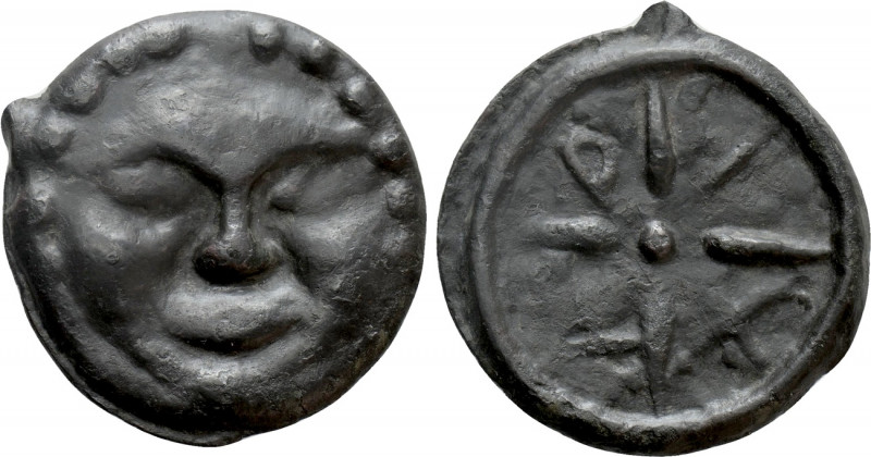 SKYTHIA. Olbia. Cast Ae (Circa 437-410 BC). 

Obv: Gorgoneion.
Rev: A - P - I...