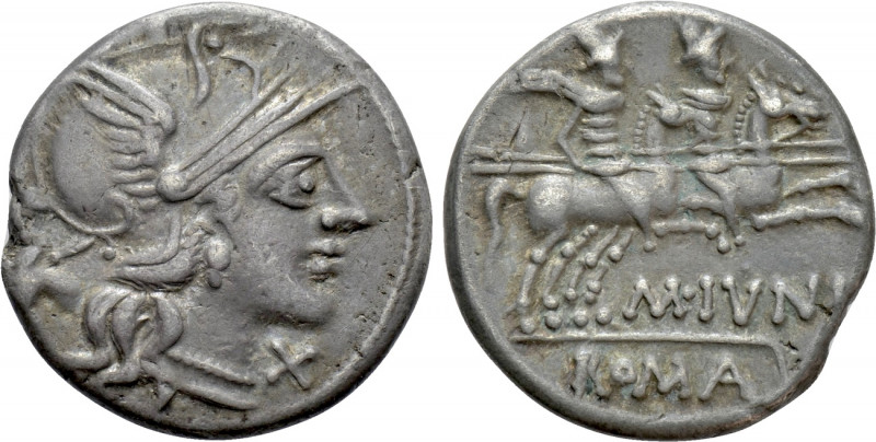 M. JUNIUS SILANUS. Denarius (145 BC). Rome. 

Obv: Helmeted head of Roma right...