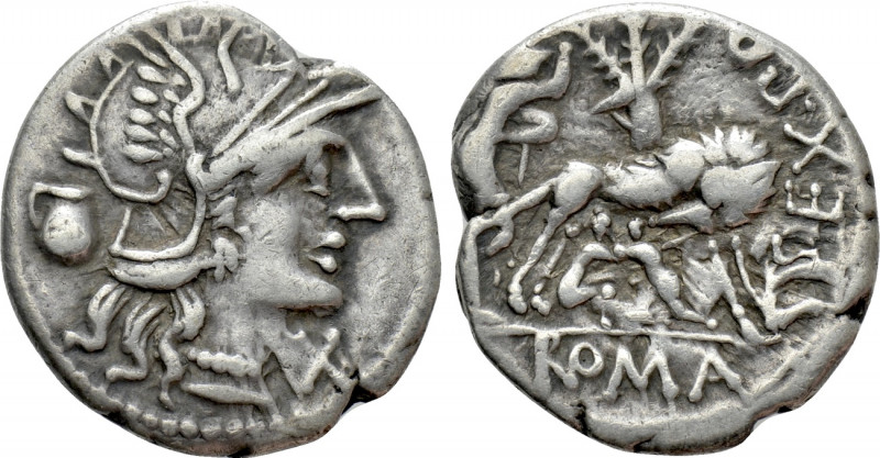 SEX. POMPEIUS FOSTLUS. Denarius (137). Rome. 

Obv: Helmeted head of Roma righ...