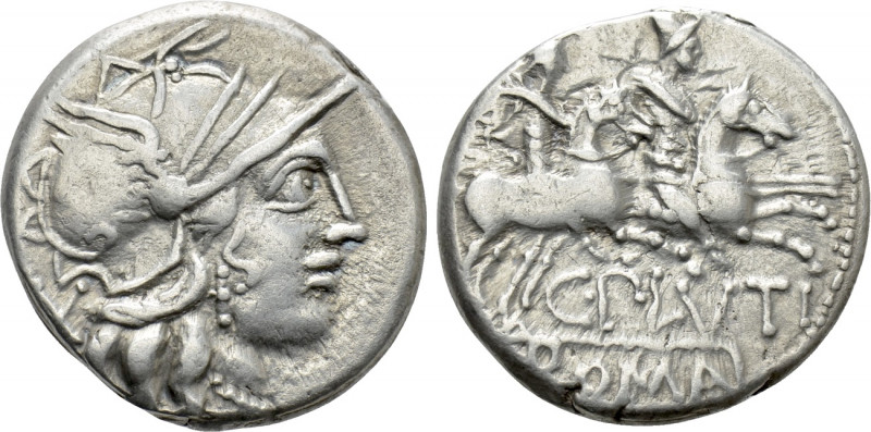 C. PLUTIUS (121 BC). Denarius. Rome. 

Obv: Helmeted head of Roma right; mark ...