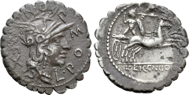 L. POMPONIUS CN. F., L. LICINIUS AND CN. DOMITIUS. Serrate Denarius (118 BC). Ro...