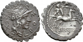 L. POMPONIUS CN. F., L. LICINIUS AND CN. DOMITIUS. Serrate Denarius (118 BC). Rome