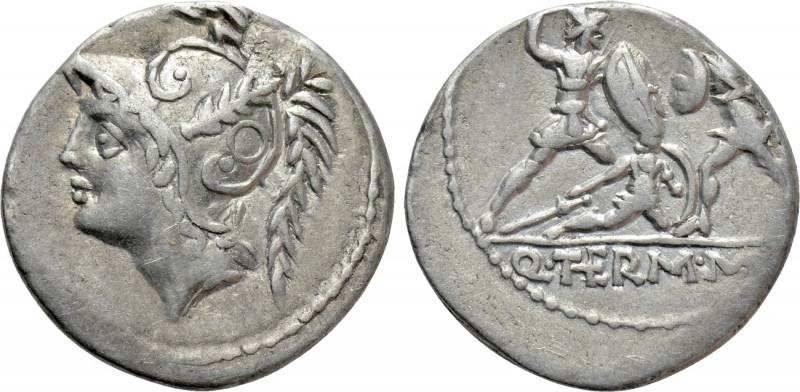 Q. THERMUS M. F. Denarius (103 BC). Rome. 

Obv: Head of Mars left, wearing cr...