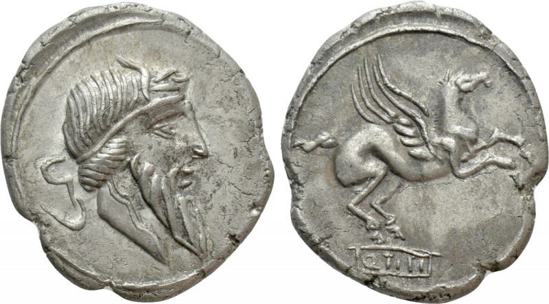 Q. TITIUS. Denarius (90 BC). Rome. 

Obv: Bearded head of Mutinus Titinus righ...