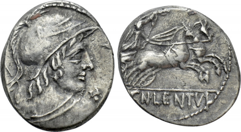 CN. LENTULUS CLODIANUS. Denarius (88 BC). Rome. 

Obv: Helmeted bust of Mars r...