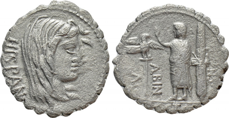 A. POSTUMIUS A.F. SP.N. ALBINUS. Serrate Denarius (81 BC). Rome. 

Obv: HISPAN...